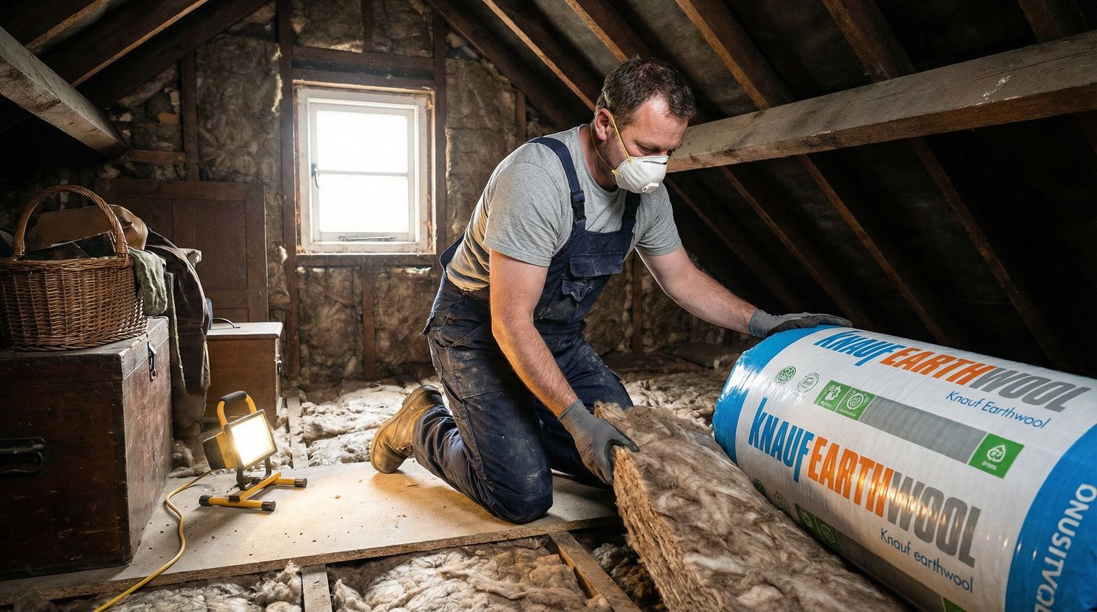Installer laying mineral wool loft insulation